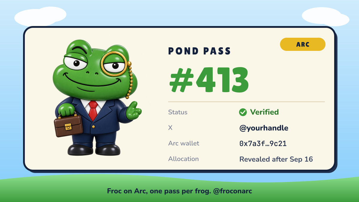 A Pond Pass card showing entry number 413, status verified, and an Arc wallet.